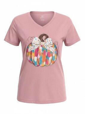 Dusty Pink V-Neck Pumpkin Bow Graphic Tee